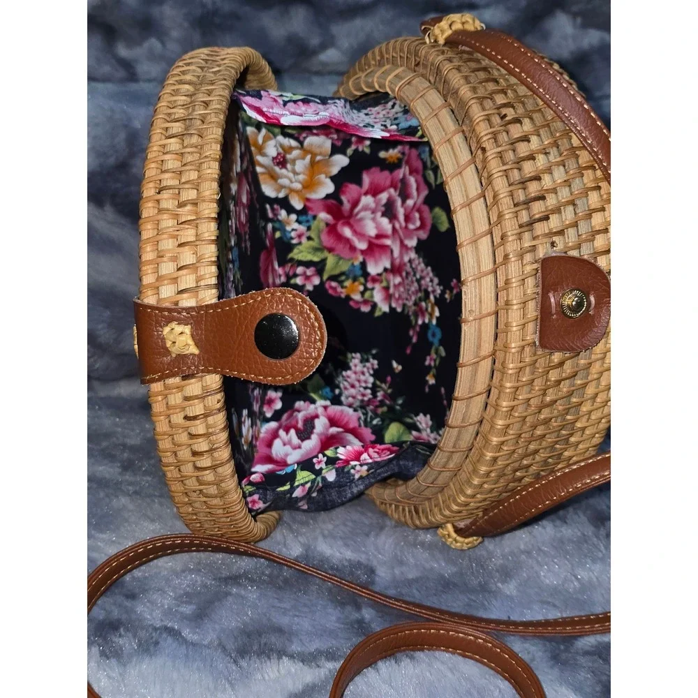 Handmade Round Rattan Crossbody Bag Floral Lining Woven Straw Boho Canteen Purse